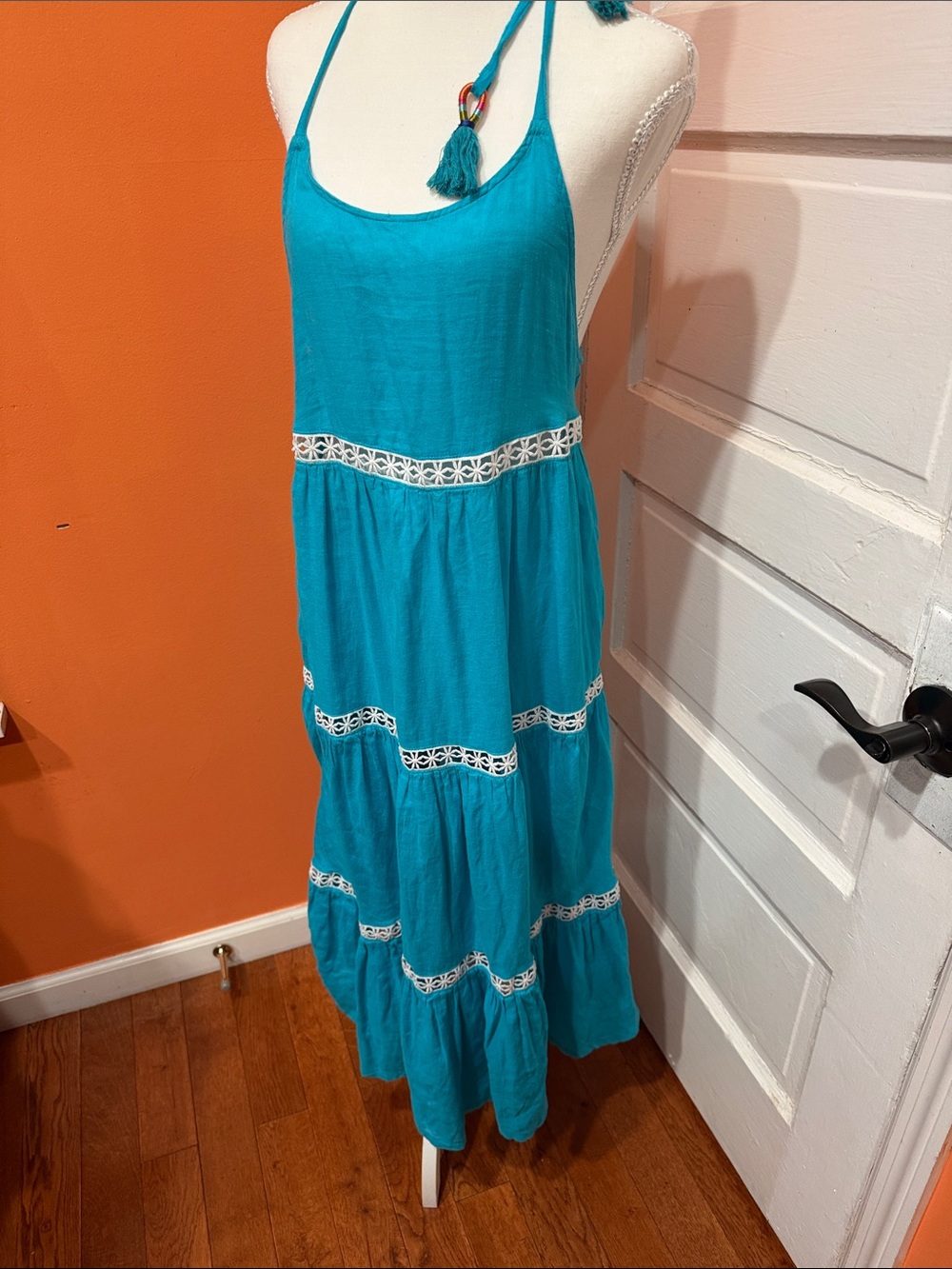 Rachel Zoe Turquoise Halter Maxi Dress with White Crochet Trim